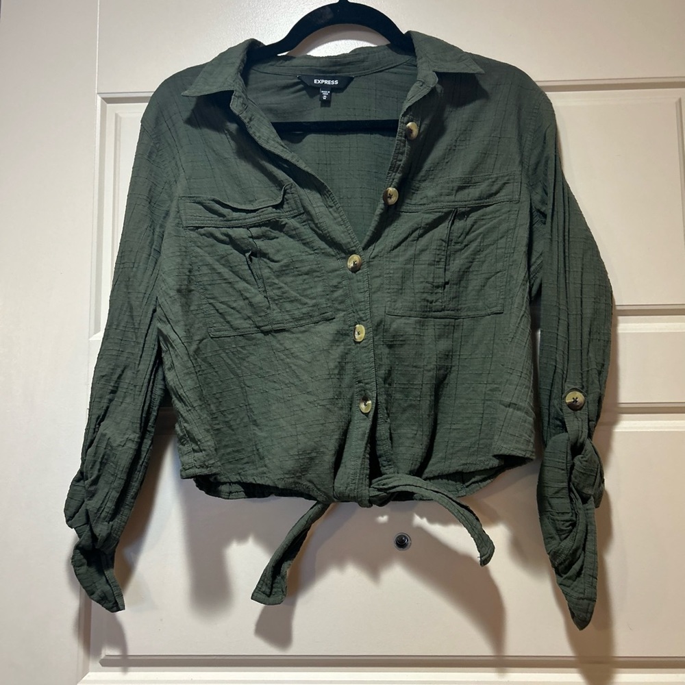 Express Crop Top Tie Blouse Green Size Medium